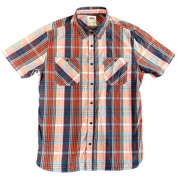 Levi's Other - Levis Men's Short Sleeve Plaid Button Up Shirt Red Blue Orange Size L